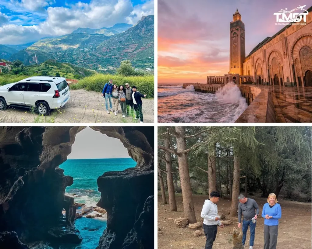 A four-panel travel collage showcasing a group of travelers standing by a white 4x4 SUV in the lush, green Rif Mountains, the majestic Hassan II Mosque in Casablanca at sunset with ocean waves crashing alongside it, a scenic coastal view looking out to the turquoise sea from the inside of the Caves of Hercules in Tangier, and travelers feeding wild Barbary macaques in the cedar forests of Azrou, illustrating a 10 days Morocco tour from Marrakech.