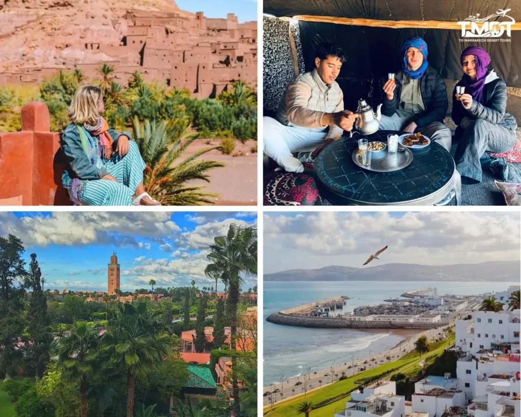 A four-panel travel collage showcasing a traveler overlooking the earthen kasbah of Ait Benhaddou, a local guide serving traditional mint tea to tourists inside a nomad tent, a scenic view of the Koutoubia Mosque rising above palm trees in Marrakech, and a panoramic coastal overlook of a seaside port city with a bird flying over the ocean, illustrating a 12 days Morocco tour from Marrakech.
