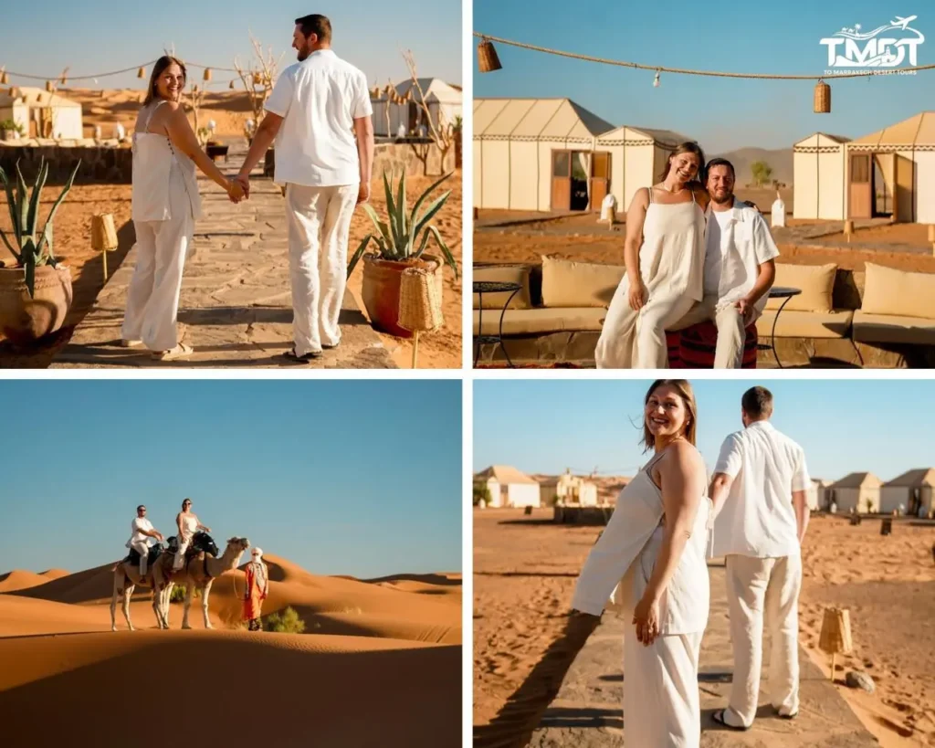 A four-panel travel collage showcasing a happy couple dressed in white holding hands at a luxury desert camp, sitting together on outdoor lounge seating at the camp, riding a camel led by a local guide over golden sand dunes, and looking back smiling along a stone pathway in the Sahara Desert, illustrating a 12 days Morocco tour from Marrakech.