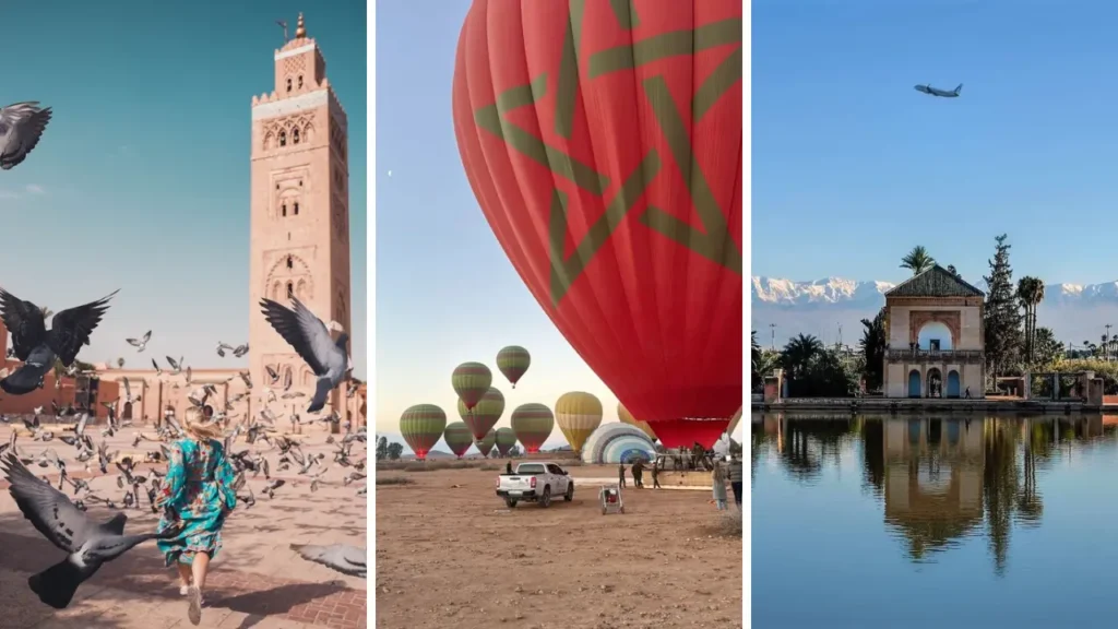 Where is Morocco Marrakech located showing Koutoubia Mosque pigeons, hot air balloon rides, and Menara Gardens reflections