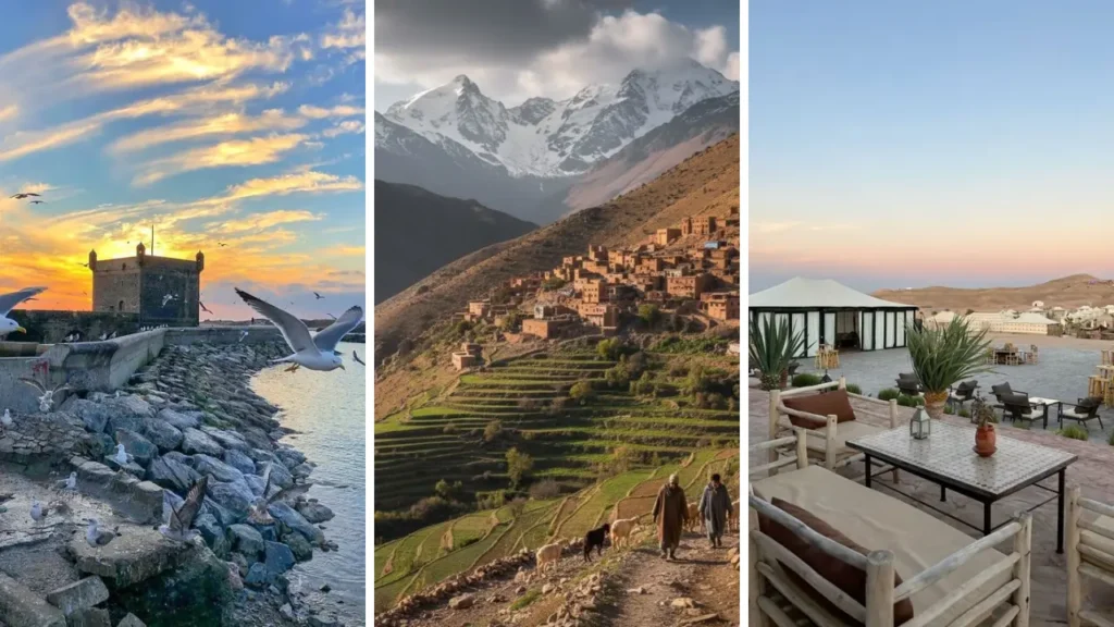 Where is Morocco Marrakech located relative to day trips like Essaouira coast, Atlas Mountains villages, and Agafay desert camps