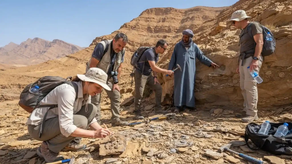 Discover morocco geology tours and morocco fossils tours with To Marrakech Desert Tours, featuring an expert-led fossil hunting expedition in the desert.