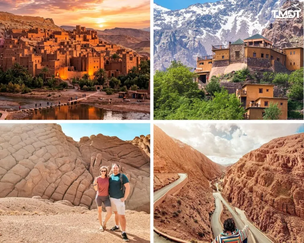 A four-panel travel collage featuring a golden sunrise over Ait Benhaddou Kasbah, traditional mountain buildings below the snow-capped High Atlas Mountains, a couple standing by unique rock formations in Dades Valley, and a high-angle view looking down at the winding roads of Dades Gorge, highlighting a 3 days desert tour from marrakech to fes.