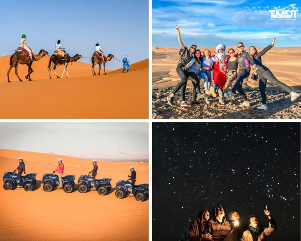 A four-panel travel collage featuring a camel trek over steep orange dunes, a cheerful group of friends posing on a desert ridge with a local guide, a line of four adventurers riding quad bikes across the sand, and a group stargazing under a vast night sky filled with stars, highlighting a 3 days Sahara desert tour from Marrakech.