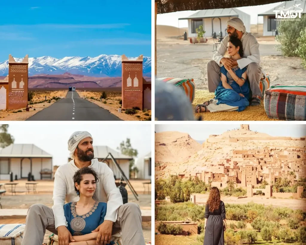 A four-panel travel collage featuring an open desert road framed by traditional gates with the snow-capped High Atlas Mountains ahead, a couple relaxing together on cushions at a luxury desert camp, a close-up portrait of the couple at the desert camp, and a woman looking out over the historic earthen buildings of Ait Benhaddou Kasbah, highlighting a 3 days Sahara desert tour from Marrakech.