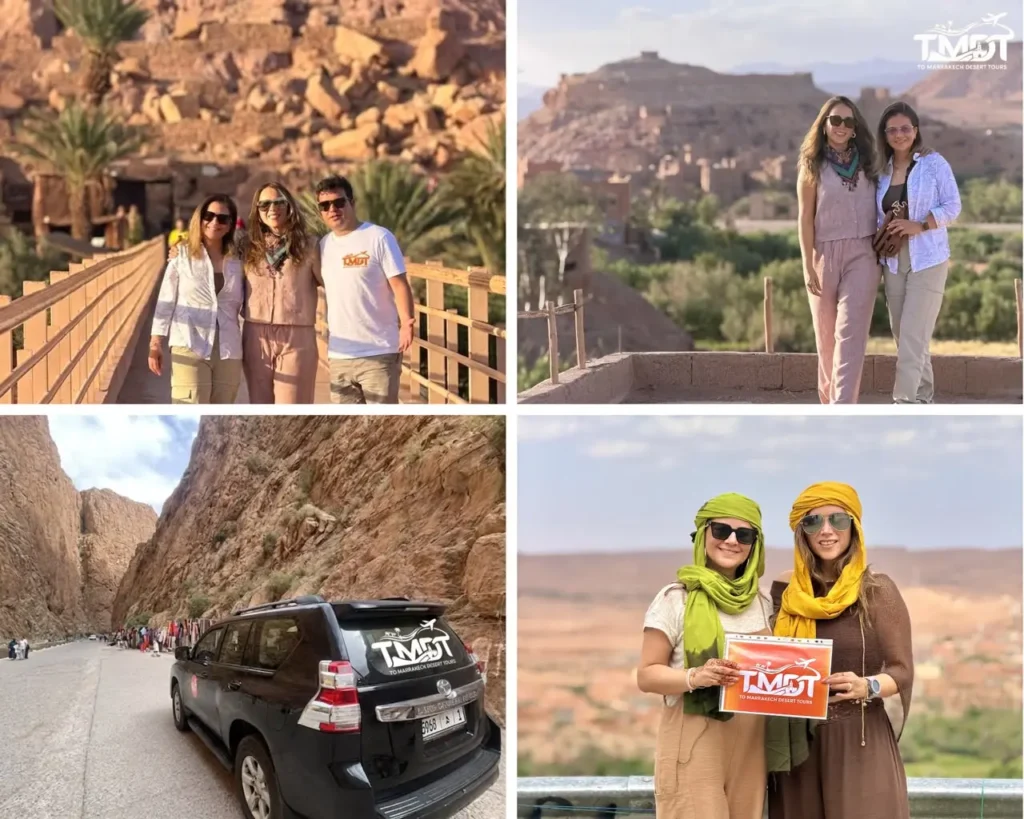 A four-panel travel collage featuring tourists walking across a bridge near a rocky oasis, two travelers posing with a historic hillside village in the background, a black Toyota Prado 4x4 SUV parked inside Todgha Gorge, and two women wearing traditional colorful turbans while holding an agency sign, highlighting a 4 days Sahara desert tour from Marrakech.