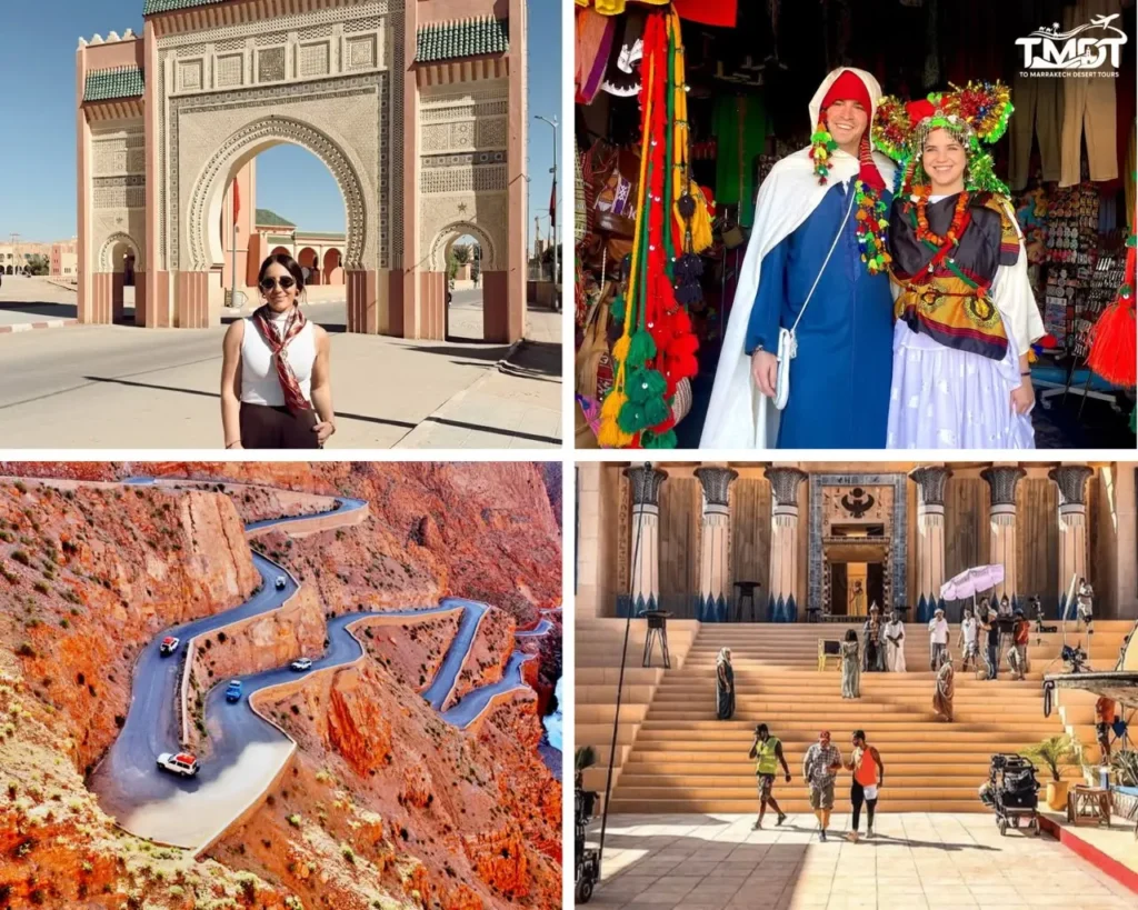 A four-panel travel collage showcasing cultural and landscape highlights, featuring a traveler posing in front of the ornate clay monumental gate of Rissani, a couple wearing vibrant traditional Moroccan clothing in a local shop, a high-angle view looking down at a caravan of white and blue vehicles driving on the winding roads of Dades Gorge, and a busy film production crew shooting on the steps of an ancient Egyptian-style local movie studio set, highlighting a 4 days Sahara desert tour from Marrakech.