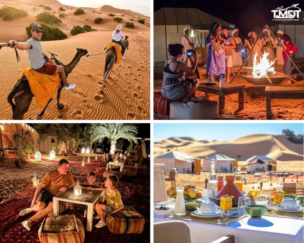 A four-panel travel collage showcasing desert activities, featuring a traveler taking a selfie on a camel trek over sand dunes, guests enjoying live traditional music around a campfire at night, a father and his sons relaxing at an illuminated desert camp, and a fully set breakfast table featuring a Moroccan tajin with luxury tents and sand dunes in the background, highlighting a 4 days Sahara desert tour from Marrakech.