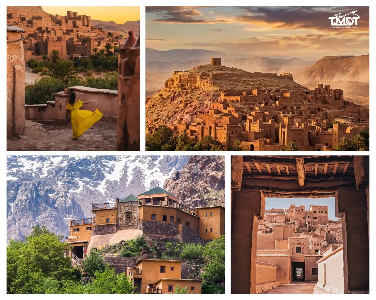 A four-panel travel collage showcasing structural highlights, featuring a woman in a bright yellow dress walking through earthen corridors, a sweeping high-angle view of the Ait Ben Haddou fortress against desert mountains at sunset, traditional buildings nestled below snow-capped High Atlas Mountains, and a view of clay Kasbah architecture framed through a wooden doorway, highlighting a day trip from Marrakech to Ouarzazate and Ait Ben Haddou.
