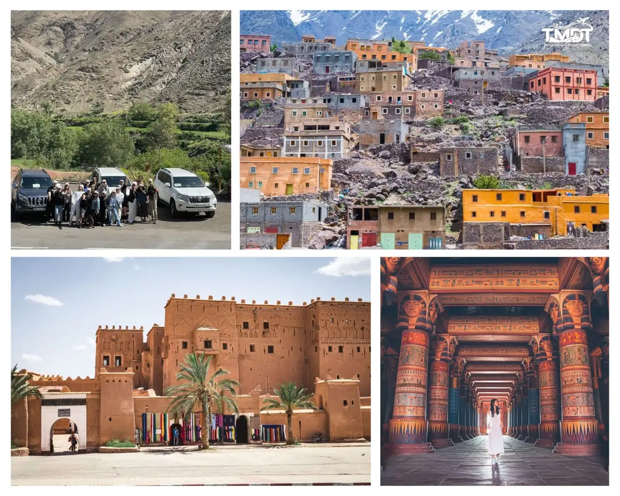 A four-panel travel collage showcasing structural highlights, featuring a tour group posing in front of white private SUVs, a traditional stone and clay Berber village built into the side of the High Atlas Mountains, the exterior gate of the historic Taourirt Kasbah, and a traveler in a white dress walking through the grand columns of a movie studio set, highlighting a day trip from Marrakech to Ouarzazate and Ait Ben Haddou.