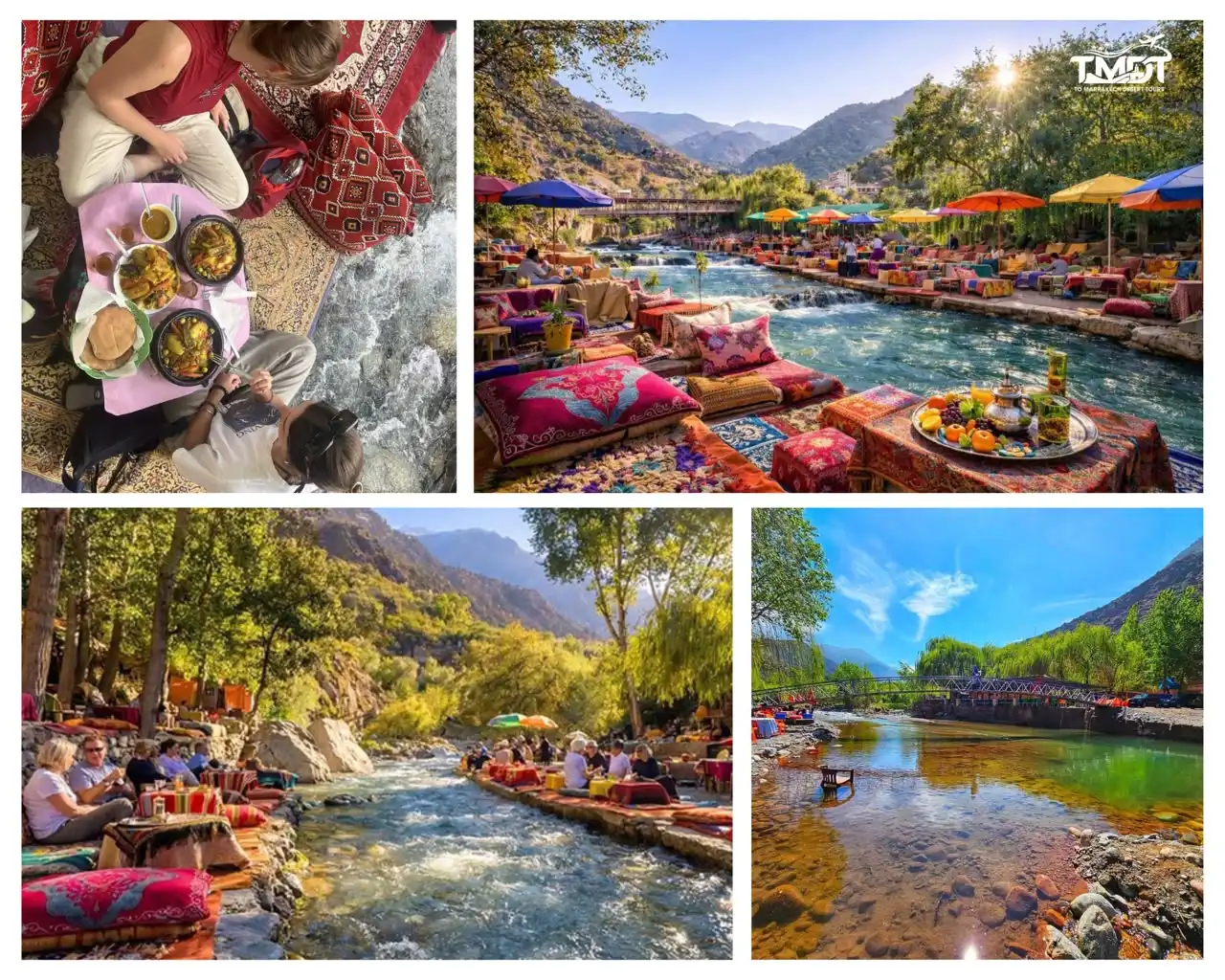 A four-panel travel collage showcasing structural highlights, featuring travelers enjoying a traditional Moroccan tagine meal right next to a rushing stream, colorful cushions and low tables set up along the rocky banks of the Ourika River with umbrellas under a bright sun, visitors dining on carpeted seating platforms alongside the flowing river, and a tranquil clear green pool of water with a footbridge crossing the river in the background, highlighting a day trip from Marrakech to Ourika Valley.