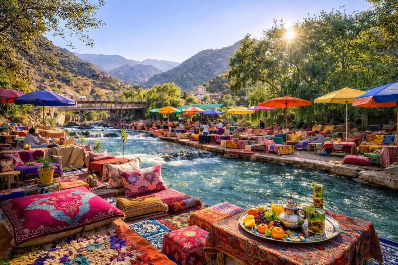 A vibrant wide landscape view of colorful cushions, patterned carpets, and low dining tables set up along the rocky banks of a rushing mountain river under bright sunlight, with a metal bridge and green valley slopes in the background, highlighting a day trip from Marrakech to Ourika Valley.