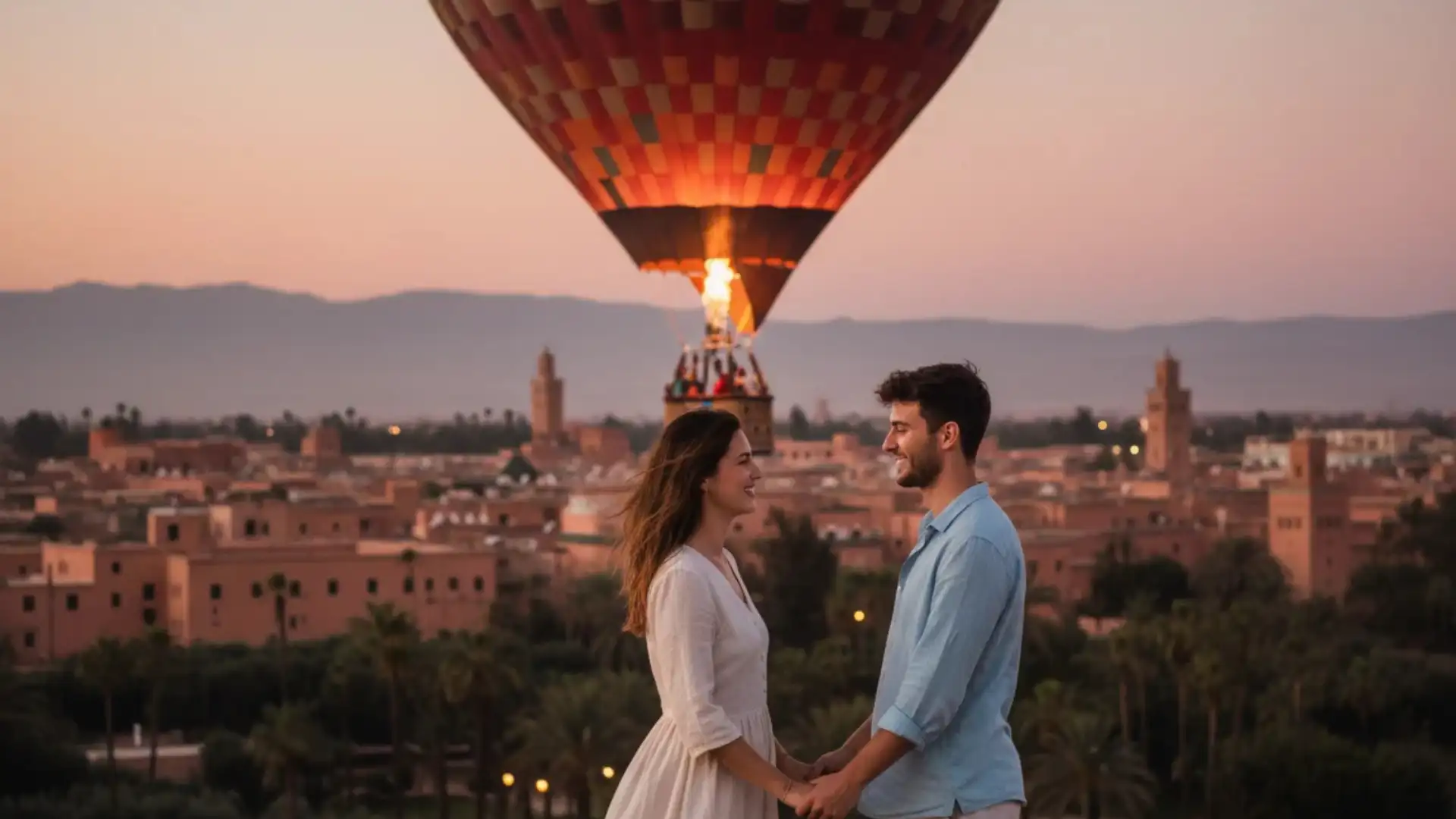 Couple watching a hot air balloon over Marrakech at sunset