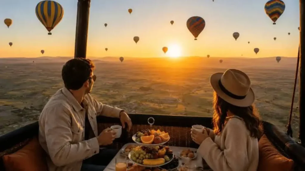 A couple enjoying a breakfast basket while floating in a hot air balloon at sunrise during our signature Morocco Honeymoon Packages.