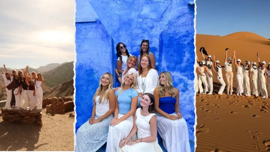 A vibrant collage showcasing morocco student tours​ and morocco student trips, highlighting a group of friends exploring mountain scenery, the blue streets of Chefchaouen, and dunes in the Sahara.