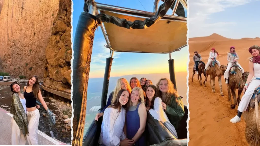 A collage of students enjoying morocco student tours​ and morocco student trips, featuring canyon exploration, a hot air balloon ride, and camel trekking in the desert.