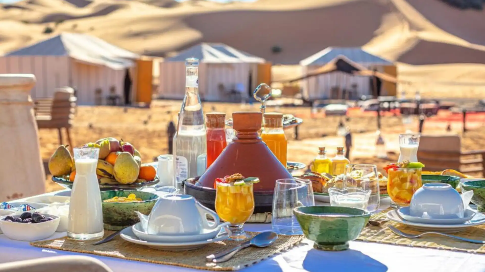 Breakfast table at a luxury desert camp in the Sahara