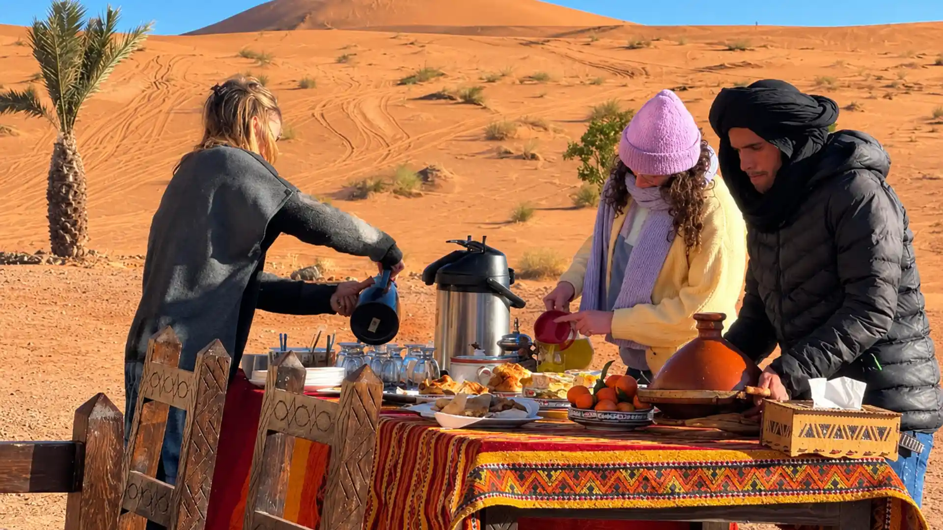 Breakfast served outdoors at a desert camp in Merzouga