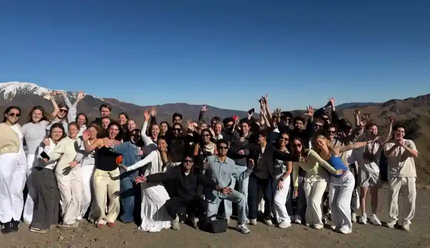 Students tours to Morocco: student group in the High Atlas Mountains with snowy peaks